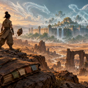 Original illustration of a young earthbender overlooking a walled desert refuge beneath spirit-shaped clouds, with a four-tab journal in the foreground.