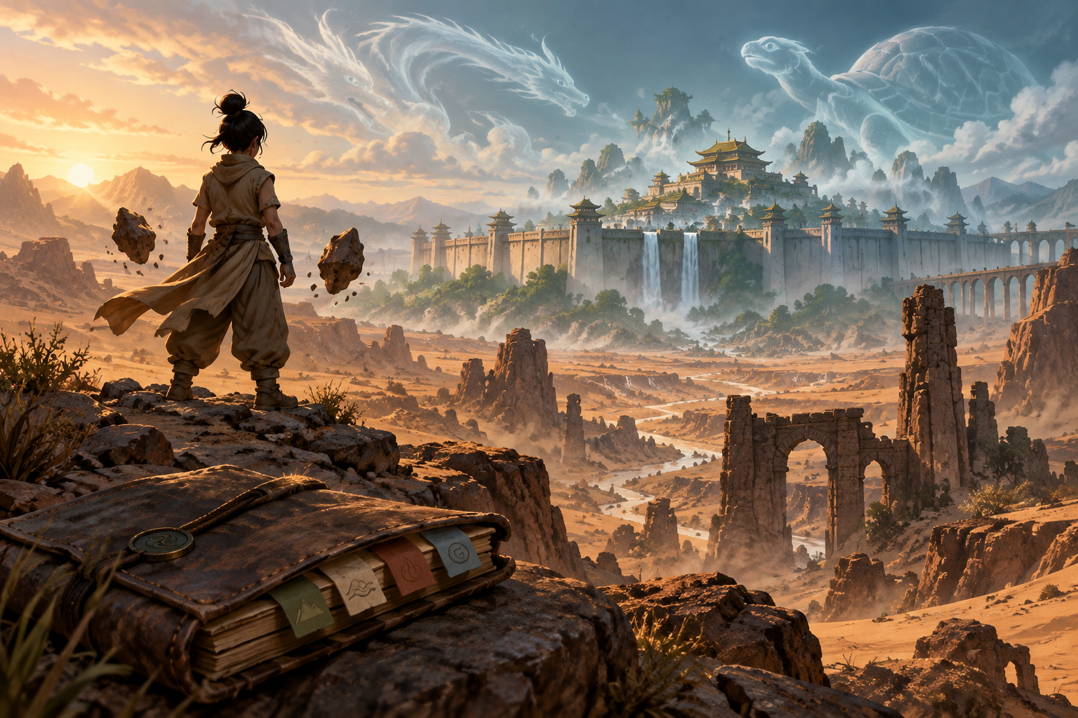 Original illustration of a young earthbender overlooking a walled desert refuge beneath spirit-shaped clouds, with a four-tab journal in the foreground.
