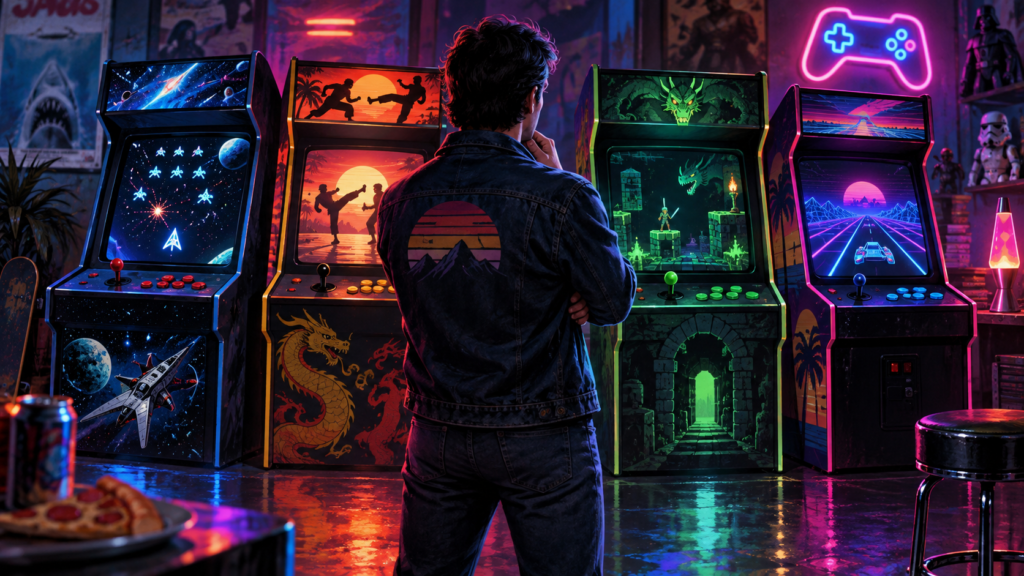 A player considers four colorful arcade cabinets in a neon-lit retro gaming room.
