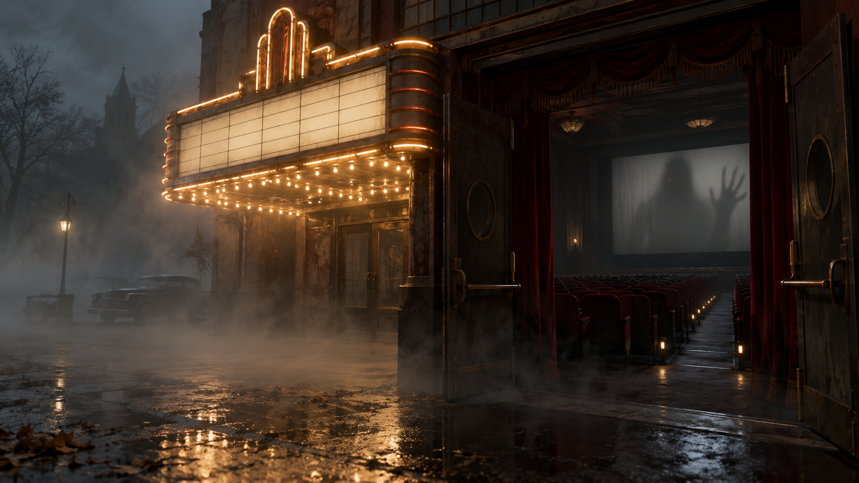 A foggy old movie theater glows beneath its marquee while a shadow waits behind the screen.