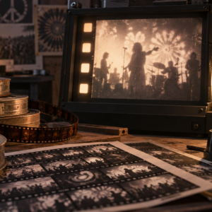 16mm film reels and contact sheets in an archive editing room, with indistinct silhouettes on a viewer in an illustrative scene.
