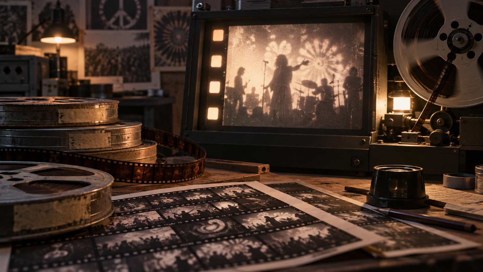16mm film reels and contact sheets in an archive editing room, with indistinct silhouettes on a viewer in an illustrative scene.