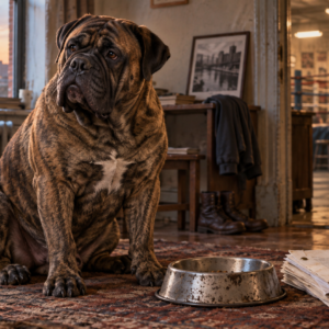 Illustrative scene of a brindle bullmastiff beside a dog bowl and screenplay pages in a modest 1970s apartment, with a boxing gym in the background.