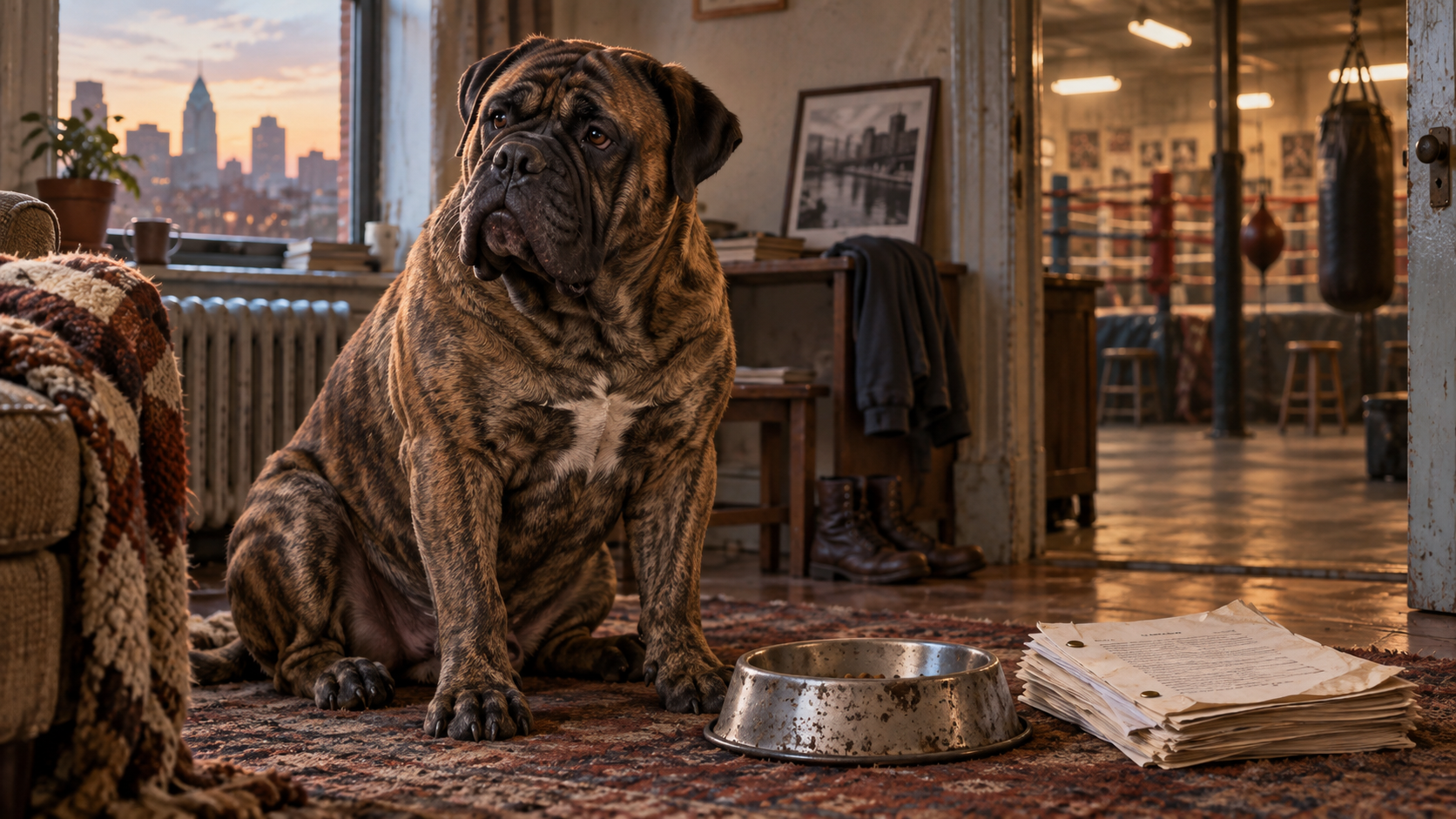 Illustrative scene of a brindle bullmastiff beside a dog bowl and screenplay pages in a modest 1970s apartment, with a boxing gym in the background.