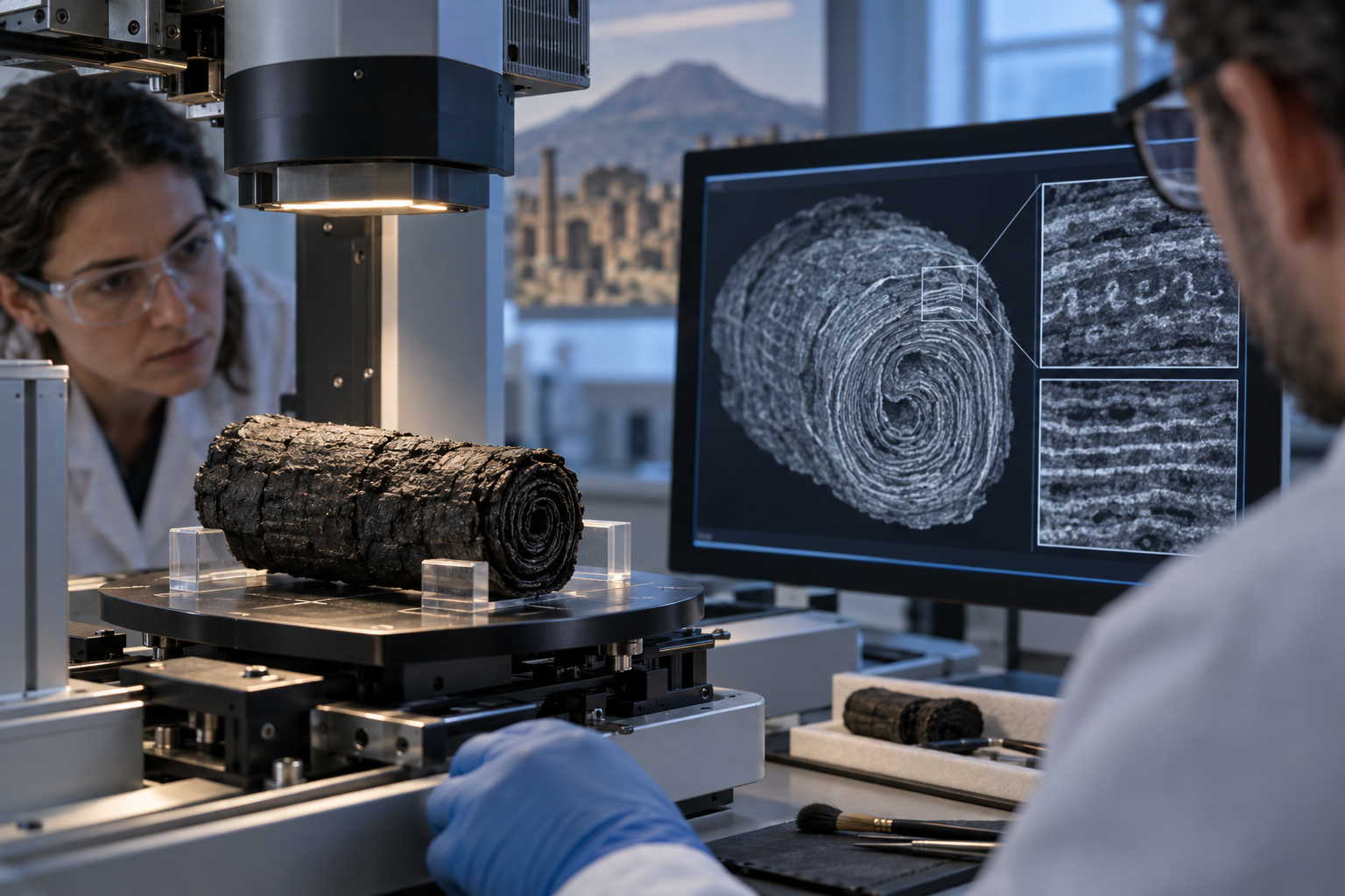 Illustration of a charred replica papyrus scroll undergoing X-ray scanning in a laboratory