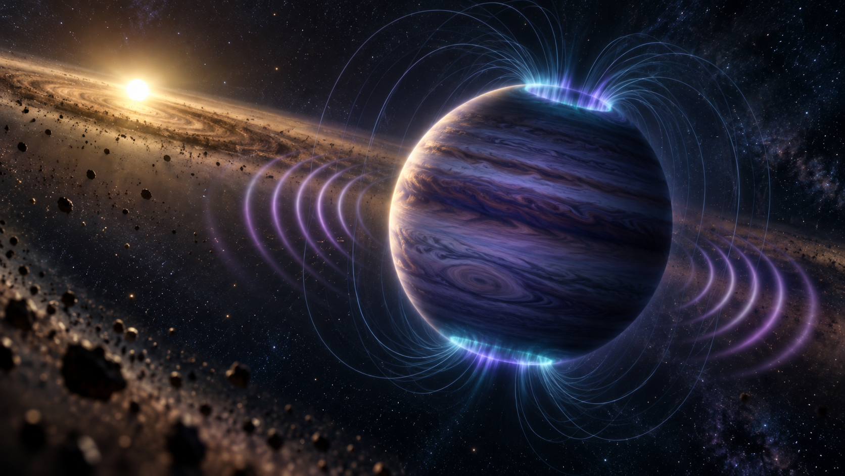 Original illustration of a giant exoplanet with a subtle polar glow and a magnetic field, representing a preprint’s proposed auroral radio emissions