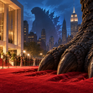 A giant reptilian foot rests on a red carpet outside a cinema, with Godzilla’s silhouette rising over the New York skyline.