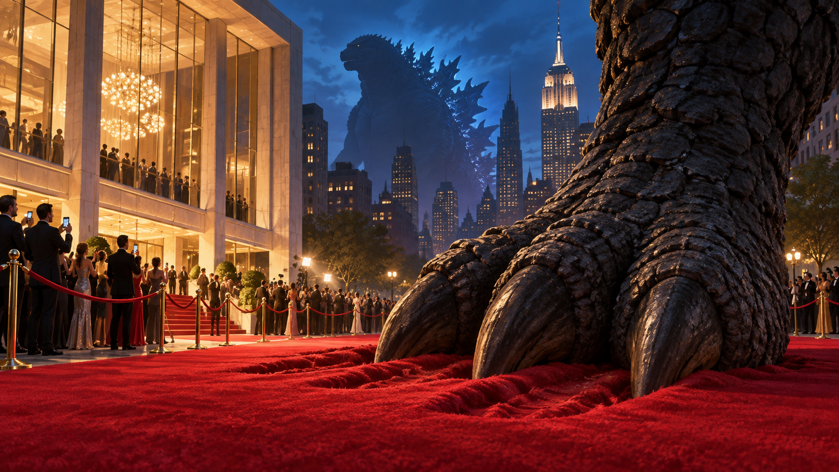 A giant reptilian foot rests on a red carpet outside a cinema, with Godzilla’s silhouette rising over the New York skyline.
