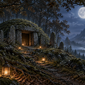 Lanterns lead through an ancient moonlit forest toward a moss-covered stone burial mound.