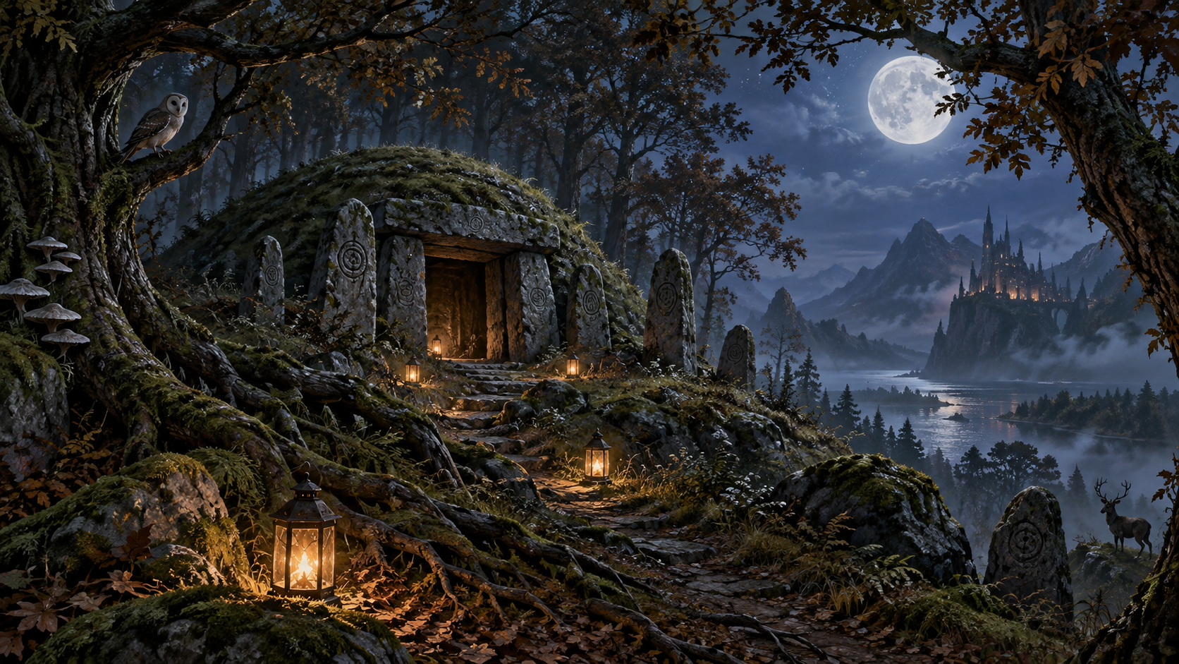 Lanterns lead through an ancient moonlit forest toward a moss-covered stone burial mound.