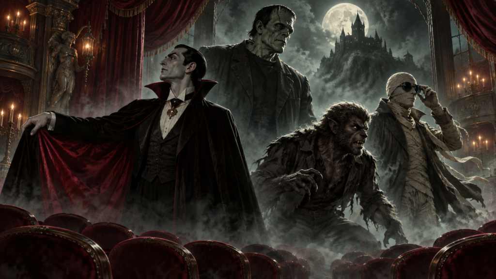 Four classic movie monsters gather in a candlelit gothic theater beneath a full moon.