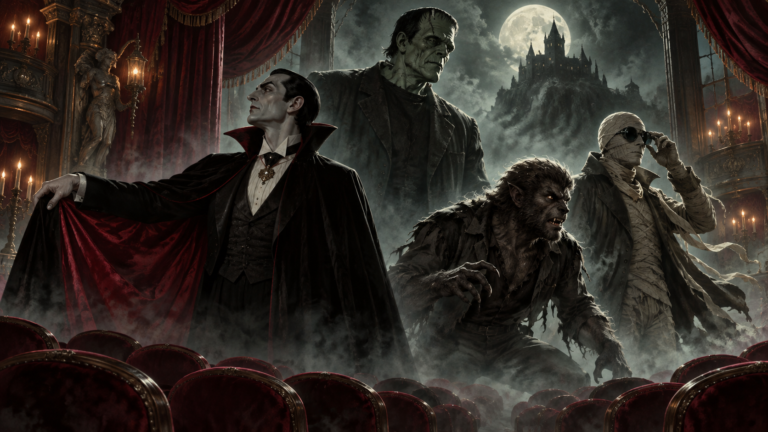 Four classic movie monsters gather in a candlelit gothic theater beneath a full moon.