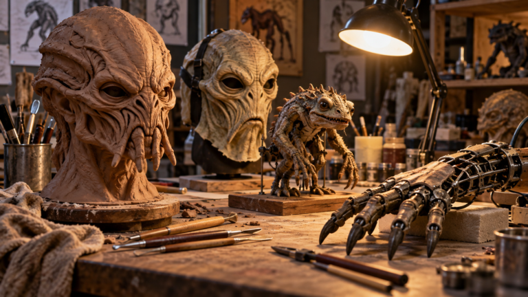 Clay creature sculptures, a small puppet and a mechanical hand sit on a practical-effects artist’s workbench.