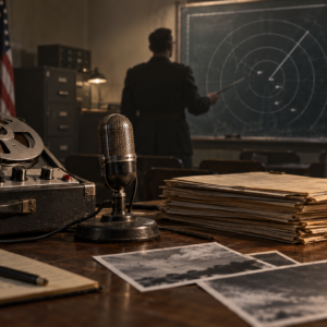 Original illustration of a 1950s briefing room with an audio recorder, typed case files, and a radar diagram.