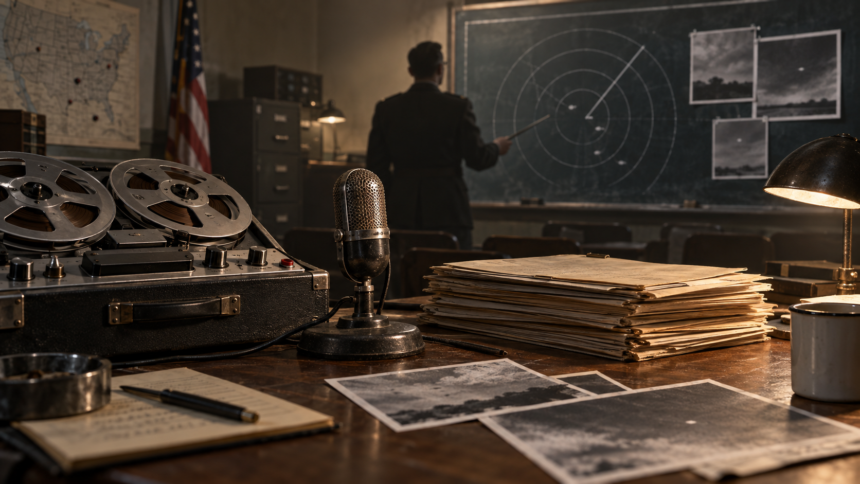 Original illustration of a 1950s briefing room with an audio recorder, typed case files, and a radar diagram.