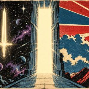 A vintage comic-style cosmic portal divides a starfield and bold superhero imagery.