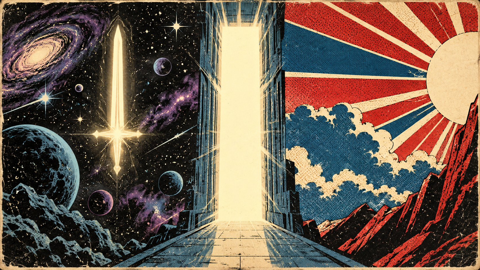 A vintage comic-style cosmic portal divides a starfield and bold superhero imagery.