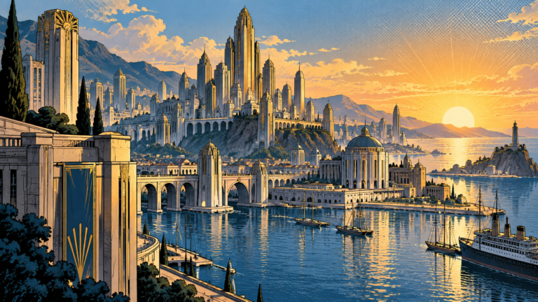 An imagined comic-book city with art deco towers overlooks a sunlit harbor.