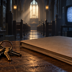 Original symbolic illustration of archival keys and a closed case file before an empty church aisle and television static; it does not depict Mathew Betkouski or actual evidence.
