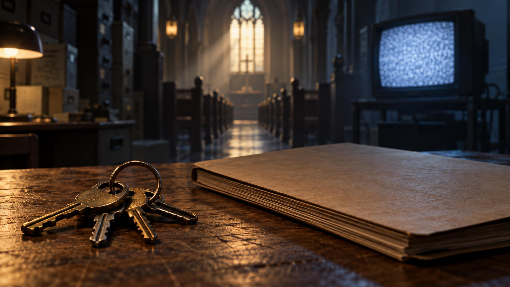 Original symbolic illustration of archival keys and a closed case file before an empty church aisle and television static; it does not depict Mathew Betkouski or actual evidence.