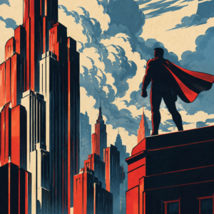 An anonymous caped hero stands above a dramatic Art Deco city beneath a huge moon.