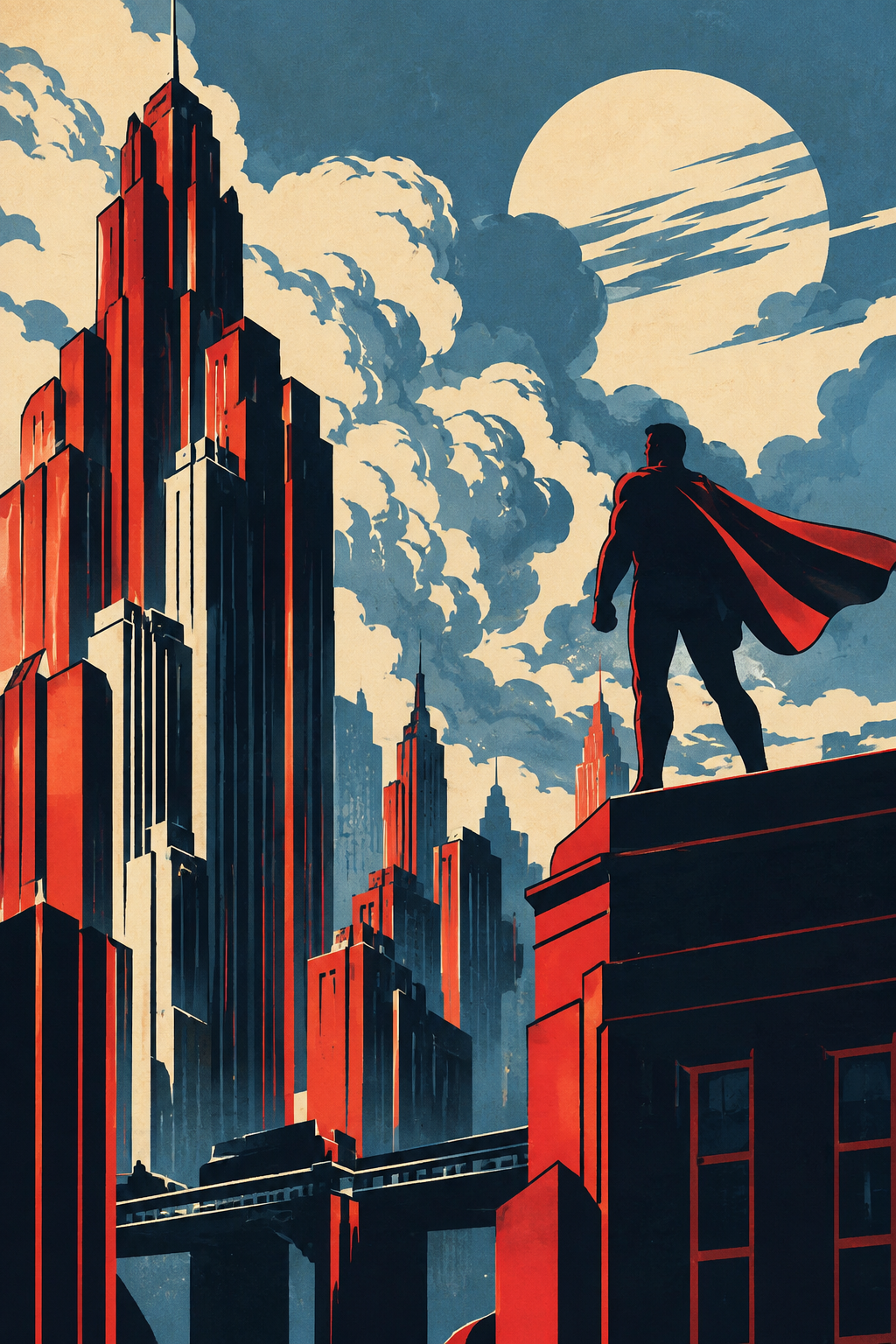 An anonymous caped hero stands above a dramatic Art Deco city beneath a huge moon.