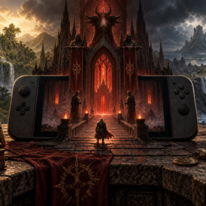 A handheld gaming device opens onto a gothic cathedral, flanked by jungle ruins and stormy island cliffs.