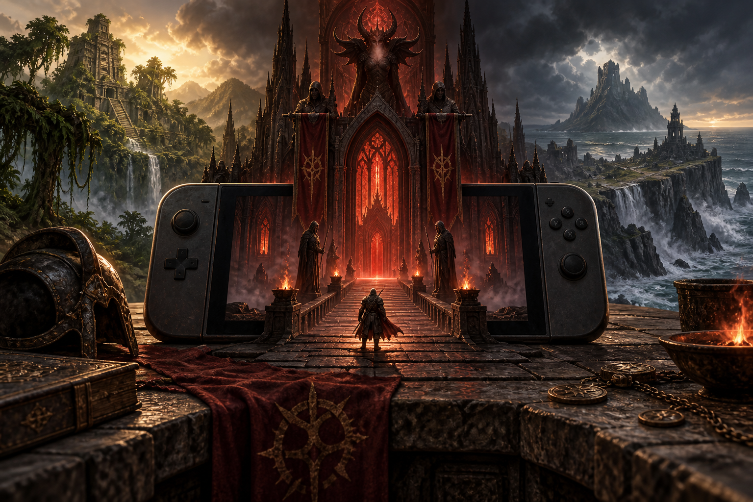 A handheld gaming device opens onto a gothic cathedral, flanked by jungle ruins and stormy island cliffs.