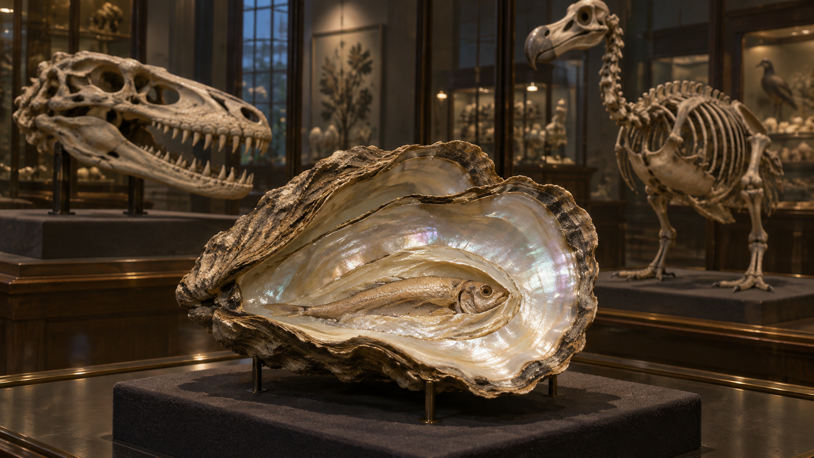 Original illustration of a mummified pearlfish inside an oyster shell, with Komodo dragon skull and dodo specimens in a museum gallery.