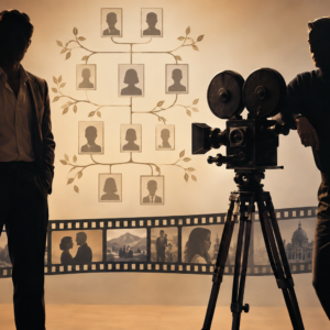 Two anonymous movie-star silhouettes stand beside a film camera and branching family tree.
