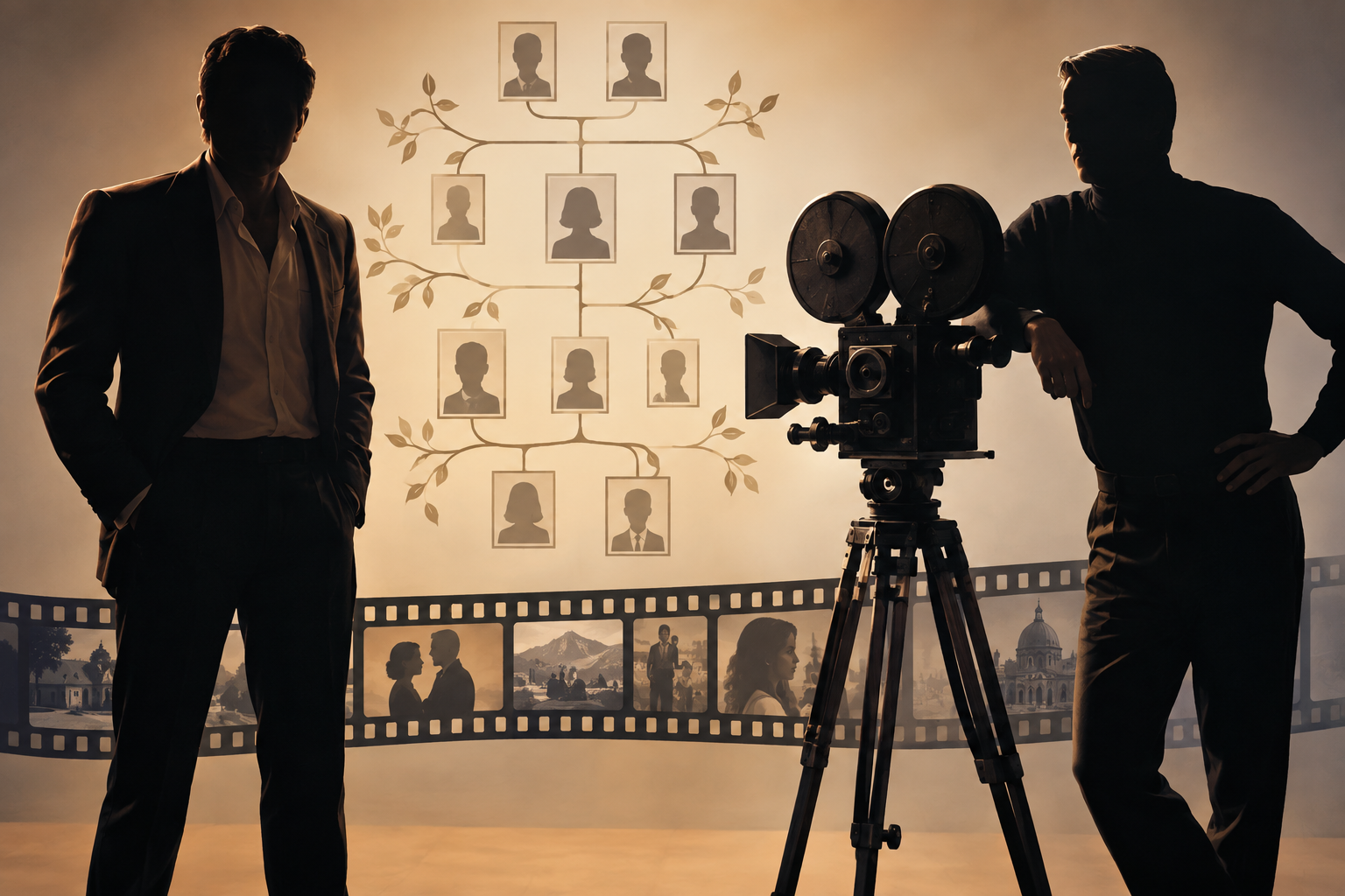 Two anonymous movie-star silhouettes stand beside a film camera and branching family tree.
