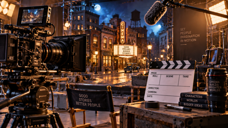 A cinema camera, boom microphone and clapperboard stand on a warmly lit miniature street set.