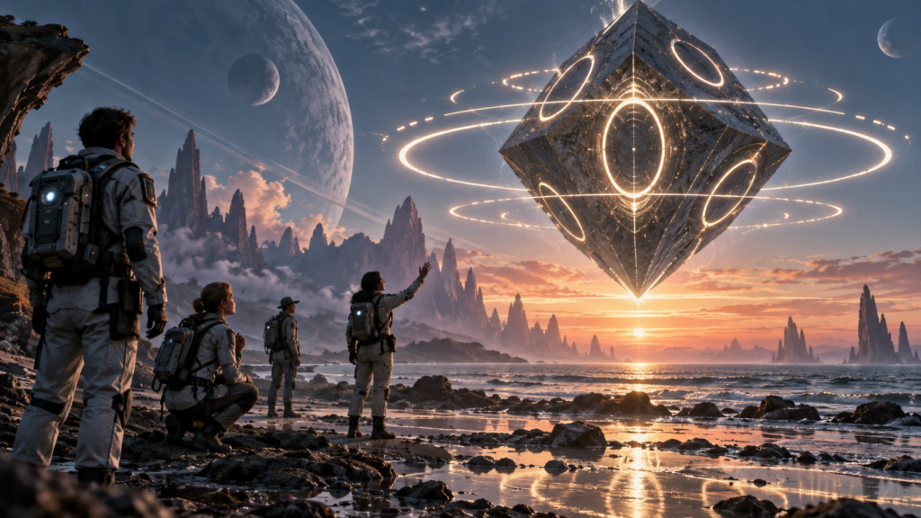 Human explorers on an alien shoreline face a hovering geometric artifact surrounded by rings of light.
