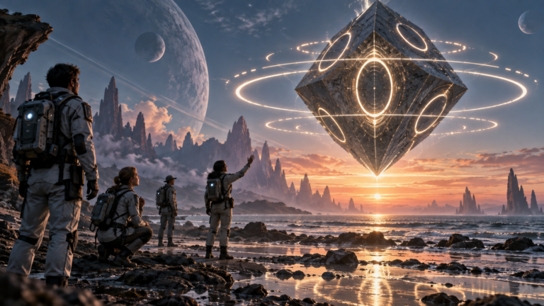 Human explorers on an alien shoreline face a hovering geometric artifact surrounded by rings of light.