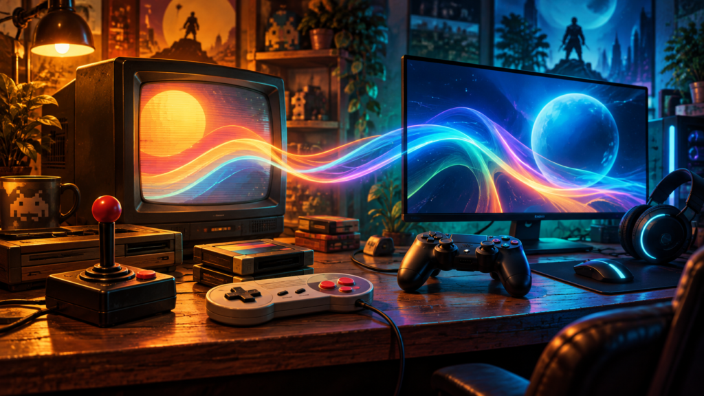 Vintage and modern game controllers on a desk, with colorful light flowing between two gaming screens.