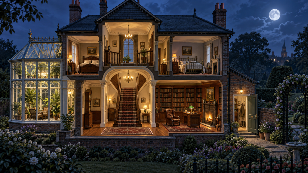 Cutaway of a Victorian house showing a central staircase, a book-lined study, a glass conservatory and a side door into the garden.
