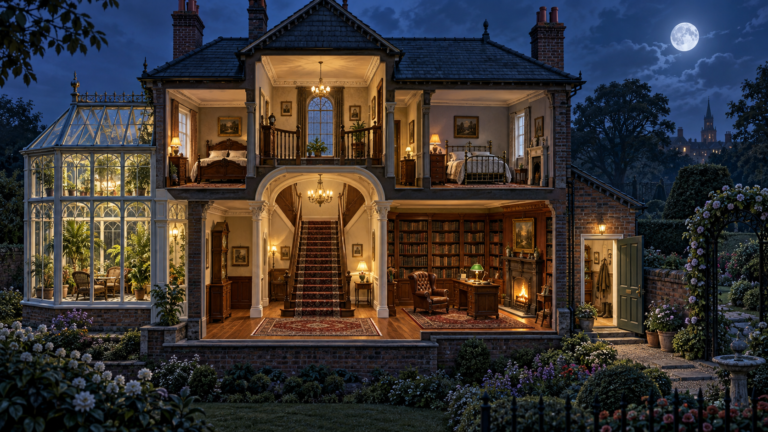 Cutaway of a Victorian house showing a central staircase, a book-lined study, a glass conservatory and a side door into the garden.