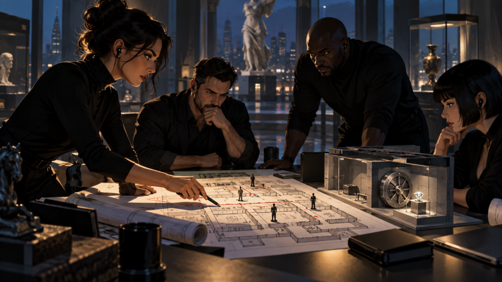 Four fictional heist planners examine a museum floor plan and a model vault.