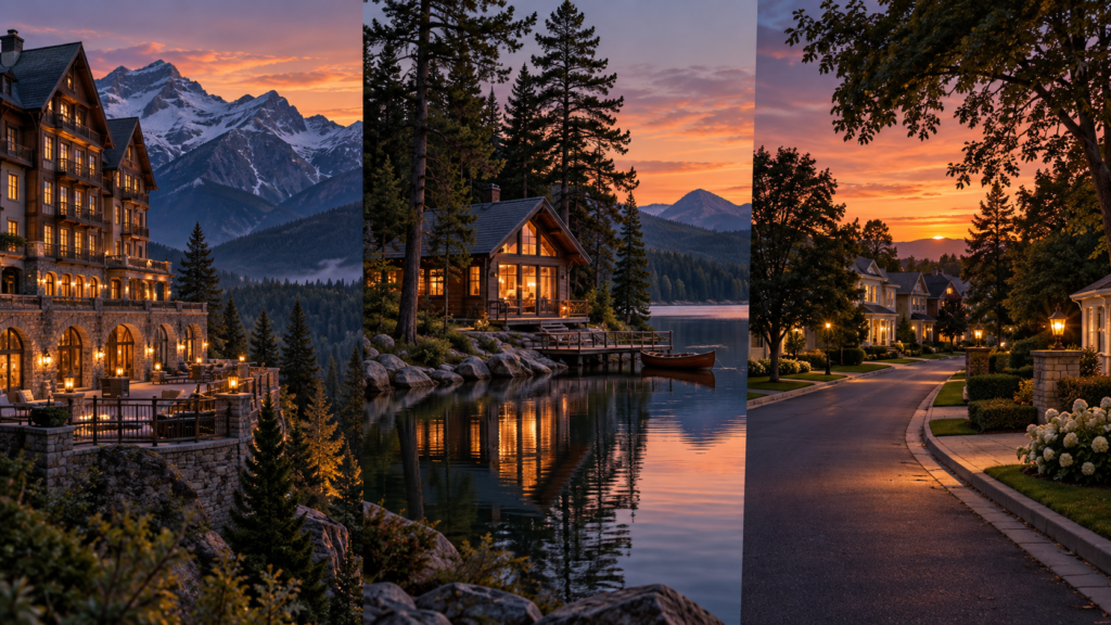 A mountain hotel, a wooded lakeside cabin and a quiet suburban street appear side by side at dusk.