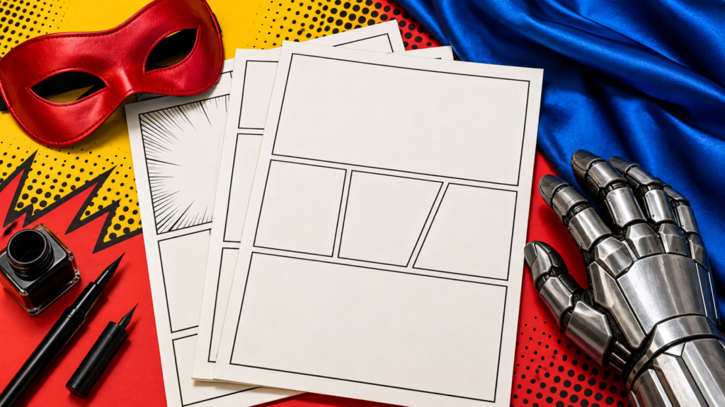 Blank comic panels lie beside a red mask, blue cape fabric and a metallic glove on a pop-art background.