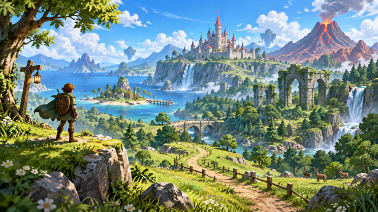 An adventurer overlooks a colorful fantasy landscape with a winding path, distant castle, islands and a volcano.