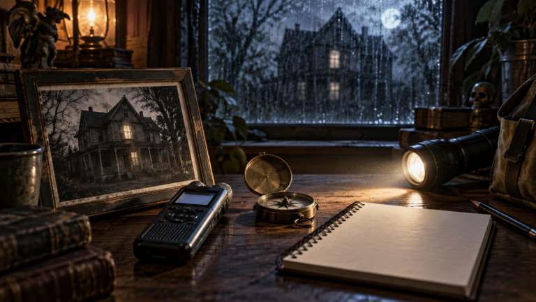A flashlight illuminates a paranormal investigator’s desk with an old house photograph, recorder, compass and blank notebook.