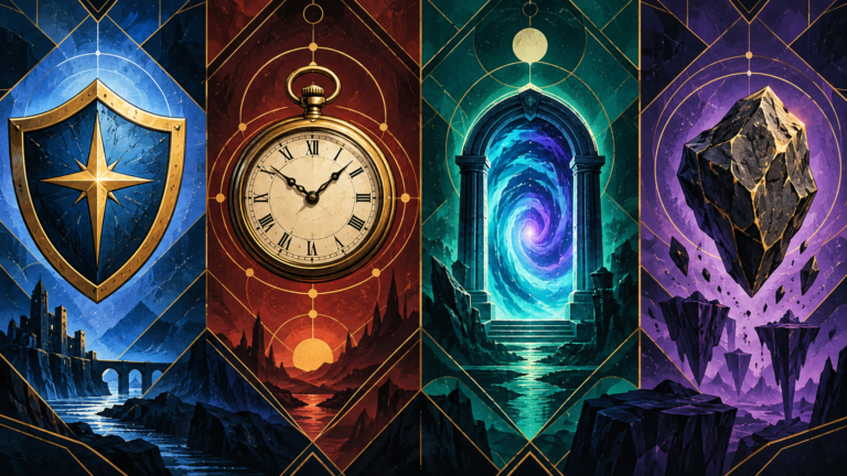 Four illustrated symbols show a shield, a pocket watch, a glowing portal and a floating rock.