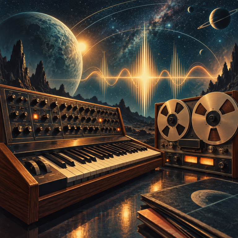 Vintage synthesizer and reel-to-reel tape deck beneath an abstract cosmic soundwave, representing retro science-fiction film music.