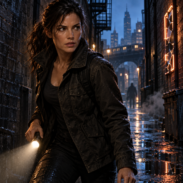 A determined adult woman adventurer in a rain-dark city alley, representing an original action-heroine archetype.