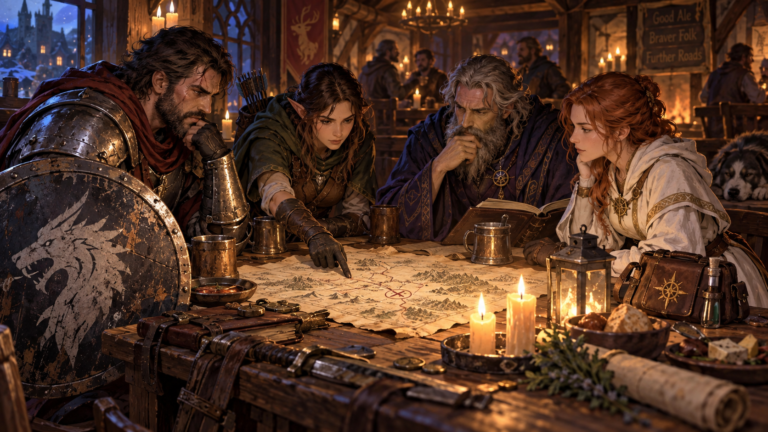 Four adult fantasy adventurers study a map together at a candlelit tavern table.