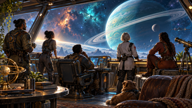 A spaceship crew and their dog look across an observation deck toward a ringed planet.