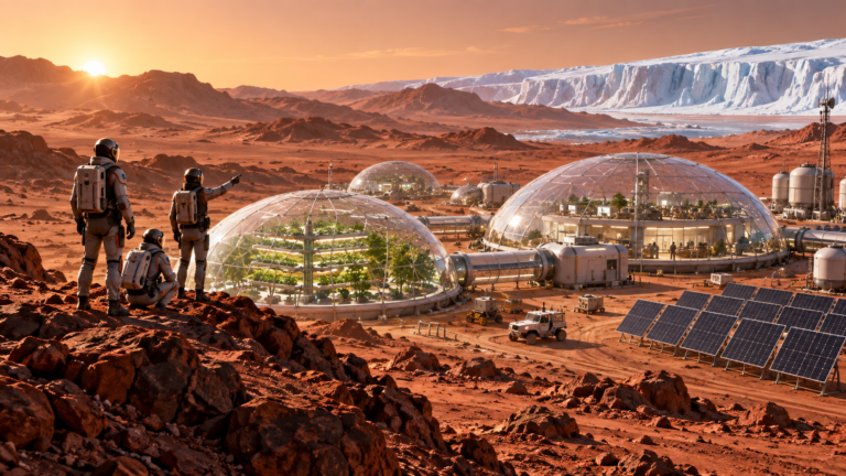 Settlers overlook a red-planet colony with greenhouse domes, habitat modules, solar panels and an ice ridge.