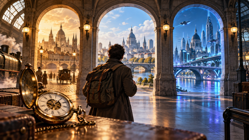 A traveler faces three station archways showing a city in the past, present and future.