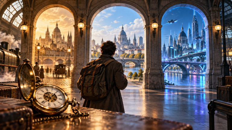 A traveler faces three station archways showing a city in the past, present and future.